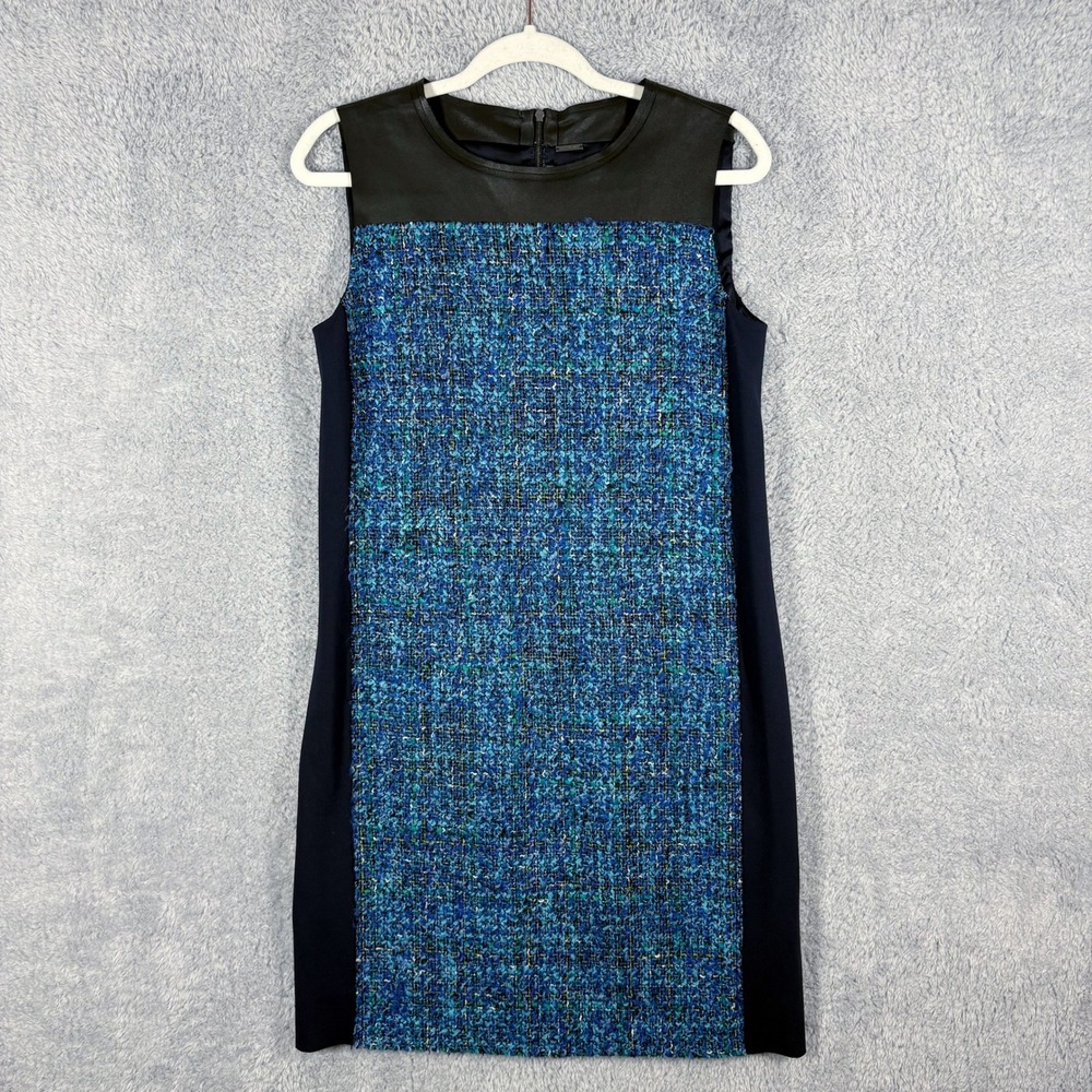 Elie Tahari Sleeveless Tweed Lamb Leather‎ Sheath Dress Size 4 Blue Black